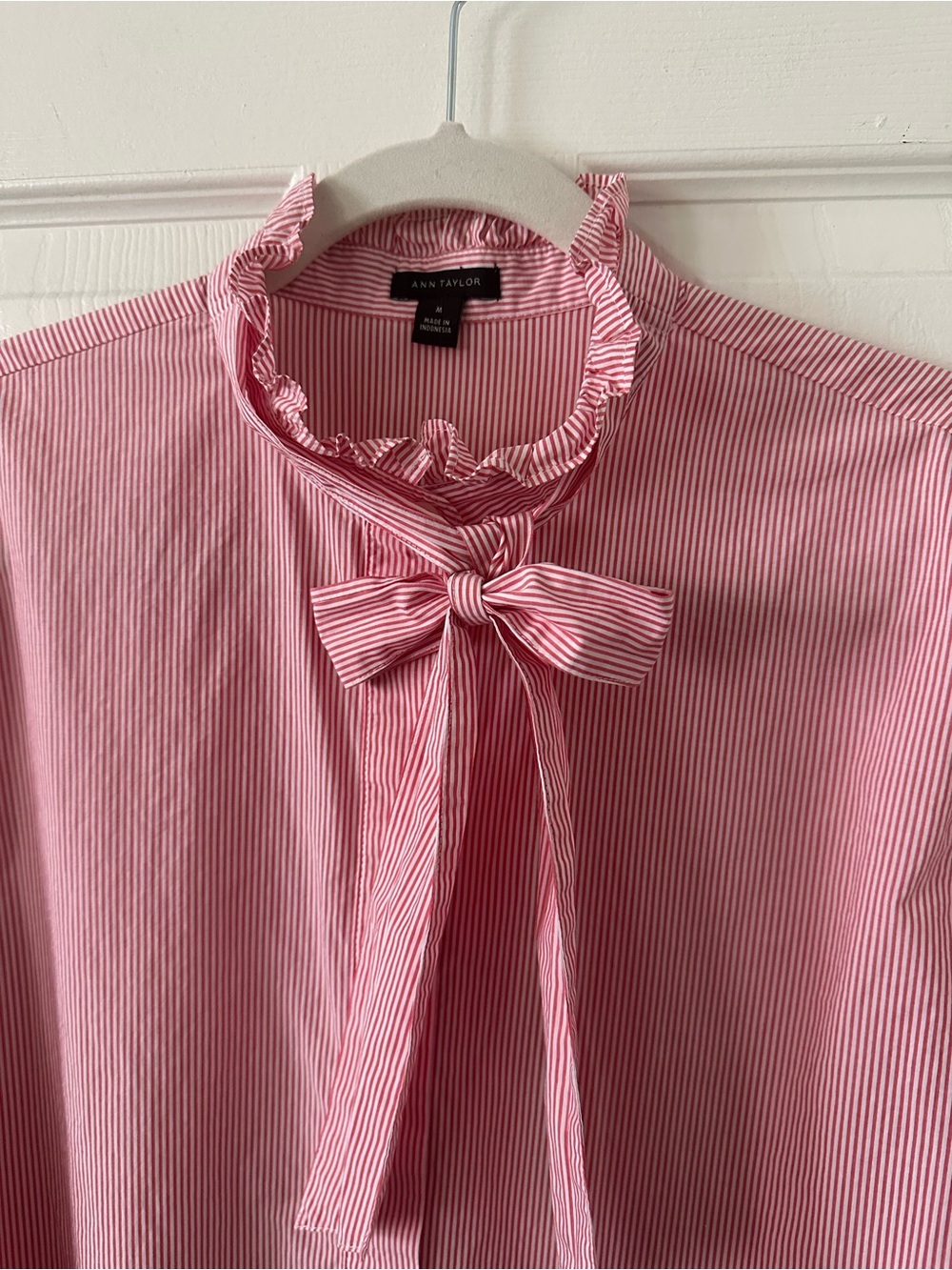 Ann Taylor Pink Stripe Ruffled Tie-Neck Blouse